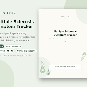 Tracker per la sclerosi multipla stampabile, registro dei sintomi e delle ricadute della SM in PDF, diario della stanchezza, pianificatore per malattie croniche, preparazione per la neurologia