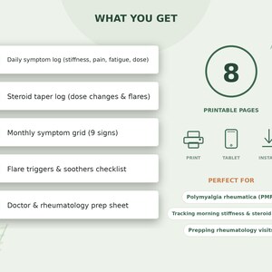 Printbare tracker voor polymyalgia rheumatica | PMR-symptomenlogboek | Rooster voor ochtendstijfheid en steroïde-afbouw | PDF-voorbereiding voor reumatologie afbeelding 4