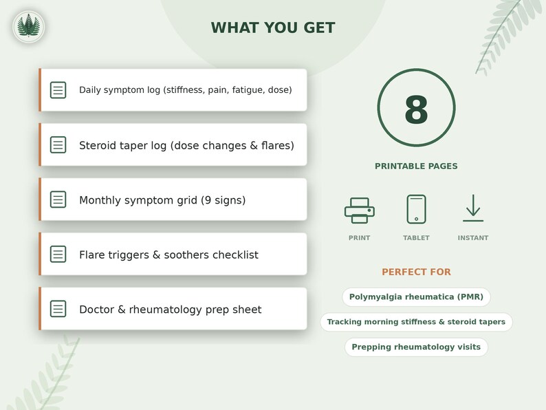 Printbare tracker voor polymyalgia rheumatica | PMR-symptomenlogboek | Rooster voor ochtendstijfheid en steroïde-afbouw | PDF-voorbereiding voor reumatologie afbeelding 4