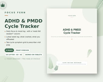 ADHD PMDD Cycle Tracker Printable, ADHD Menstrual Cycle Log, Mood Journal, Luteal Phase Diary