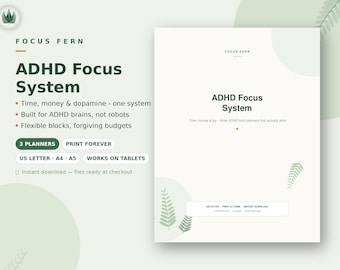 ADHD-plannerpakket (printbaar), dagplanner met tijdsblokken, dopamine-menu, budgettracker, focuskit voor volwassenen, direct te downloaden als PDF.