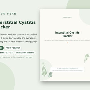 May include: An Interstitial Cystitis Tracker digital document with a light green background and fern leaf illustrations. The text includes sections for a daily bladder log, food and drink diary, and flare log. It is available in US Letter, A4, and A5 sizes.
