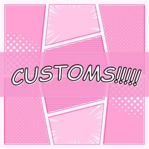 May include: Pink comic book style graphic with the word "CUSTOMS!!!!!" in a bold, outlined font. The background is divided into panels with various patterns, including dots and lines, creating a dynamic visual effect.