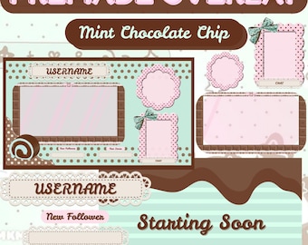 Pacchetto di streaming animati con gocce di cioccolato alla menta e Twitch Streamer, pacchetto di sovrapposizioni VTuber / modificabile
