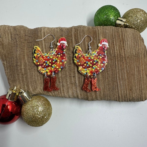 Christmas Chicken Earrings, Christmas Earrings, Holiday Earrings, Nickel Free Brass Earrings, Hen Earrings