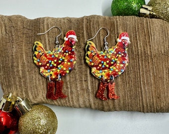 Christmas Earrings For Women - Cute Kawaii Big Rooster Chicken Dangle Earrings, Funny Holiday Jewelry