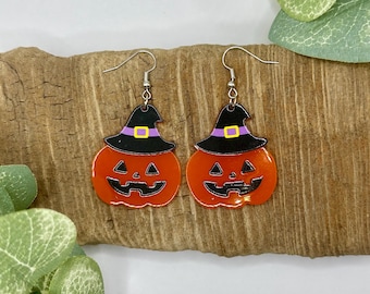 Halloween Witch Pumpkin Dangle Earrings | Halloween Jewelry | Nickel Free Brass