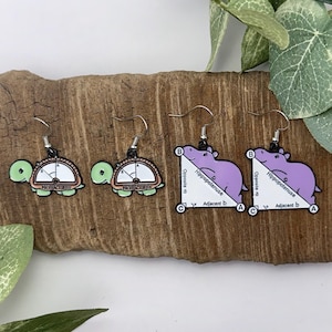 May include: A pair of novelty earrings. One pair features a green turtle with a protractor design, and the other pair features a purple hippo with a right triangle diagram. The earrings have silver-colored hooks.