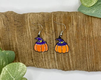 Pumpkin Witch Hat Dangle Earrings | Halloween Drop Earrings | Halloween Jewelry | Nickel Free Brass