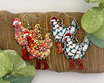 Christmas Chicken Dangle Earrings | Christmas Hen Drop Earrings | Holiday Gifts | Nickel Free Brass