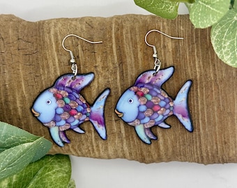 Rainbow Fish Dangle Earrings | Teacher Gifts | Teacher Jewelry | Rainbow Fish Drop Earrings | Book Character Earrings | Nickel Free Brass