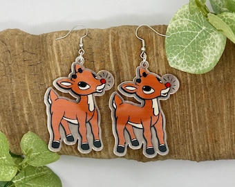 Rudolph Dangle Earrings | Rudolph the Red Nosed Reindeer Earrings | Christmas Earrings | Nickel Free Brass