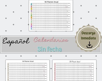 Spanish Updated Yearly Planner on Landscape Printable, Annual Planner, Calendario Anual Printable without Date, A5, A4, A3, Letter Pdf