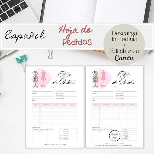 Spanish Order Form Editable | Plantilla de Hoja de Pedidos Editable en Canva | Descarga digital Instantánea para Pequeñas Empresas