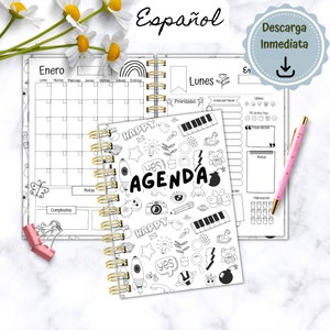 Agenda Doodle sin Fecha en Español, Agenda Imprimible sin Fecha, Agenda en Español Perpetua Imprimible, A4, A5