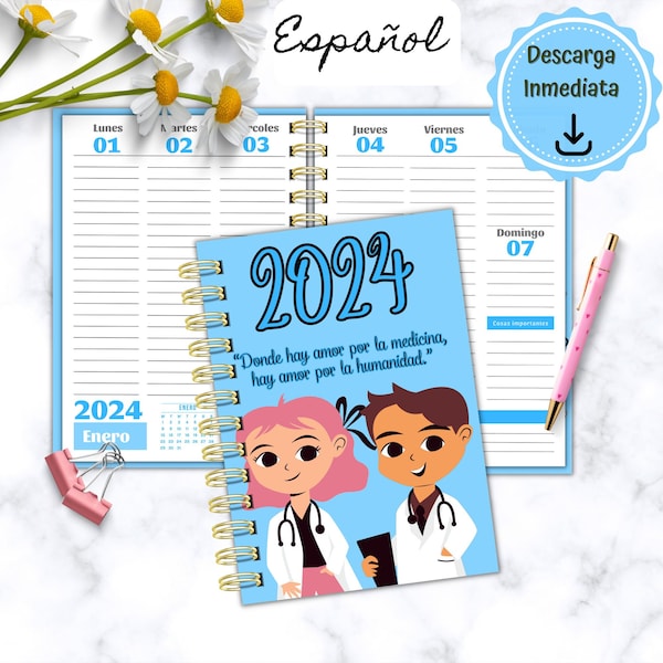 Agenda 2024 für Ärzte auf Spanisch, Agenda 2024 für Ärzte, Planer auf Spanisch 2024 zum Ausdrucken