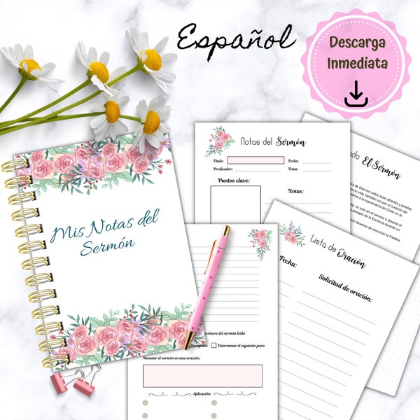 Spanish Printable Sermon Note, Notes for Sermon Printable in PDF, Christian Planner for Preaching