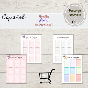 May include: Printable shopping list templates in different designs are shown. The image includes the text "Español" and "Lista de Compras". A shopping cart graphic is also present. The templates are designed for immediate download.
