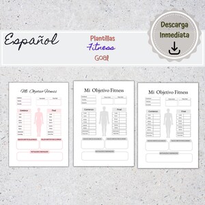 Puede incluir: Tres plantillas imprimibles de seguimiento de objetivos de fitness en español. Cada plantilla presenta un contorno de cuerpo con secciones para realizar un seguimiento de las medidas, los nuevos hábitos saludables y los malos hábitos que se deben eliminar. Las plantillas se titulan "Mi Objetivo Fitness" que se traduce como "Mi Objetivo de Fitness".