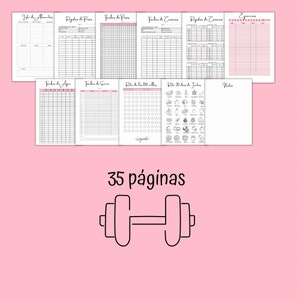 Puede incluir: Una ilustraci&oacute;n en blanco y negro de una mancuerna con el texto "35 p&aacute;ginas" en espa&ntilde;ol. La imagen est&aacute; sobre un fondo rosa.