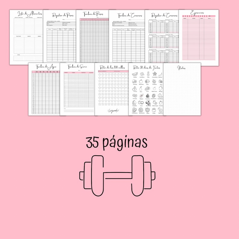 Puede incluir: Una ilustraci&oacute;n en blanco y negro de una mancuerna con el texto "35 p&aacute;ginas" en espa&ntilde;ol. La imagen est&aacute; sobre un fondo rosa.