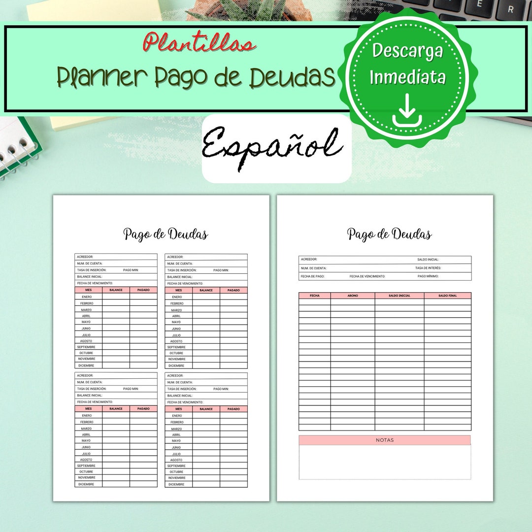 Printable Debt Payment Template, Finance Template in Spanish, Budget