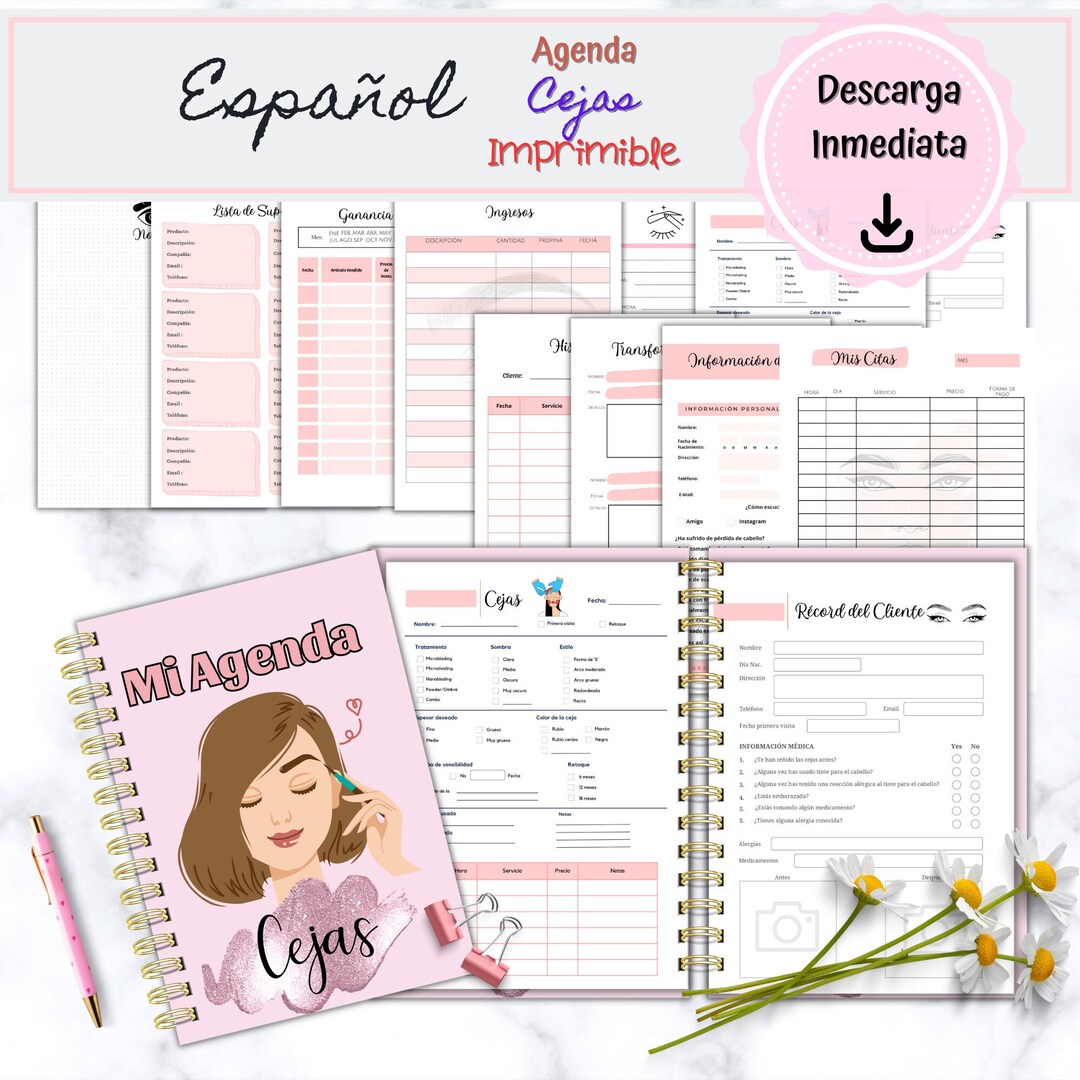 Eyebrow Planner in Spanish, Printable Agenda for Undated Eyebrow