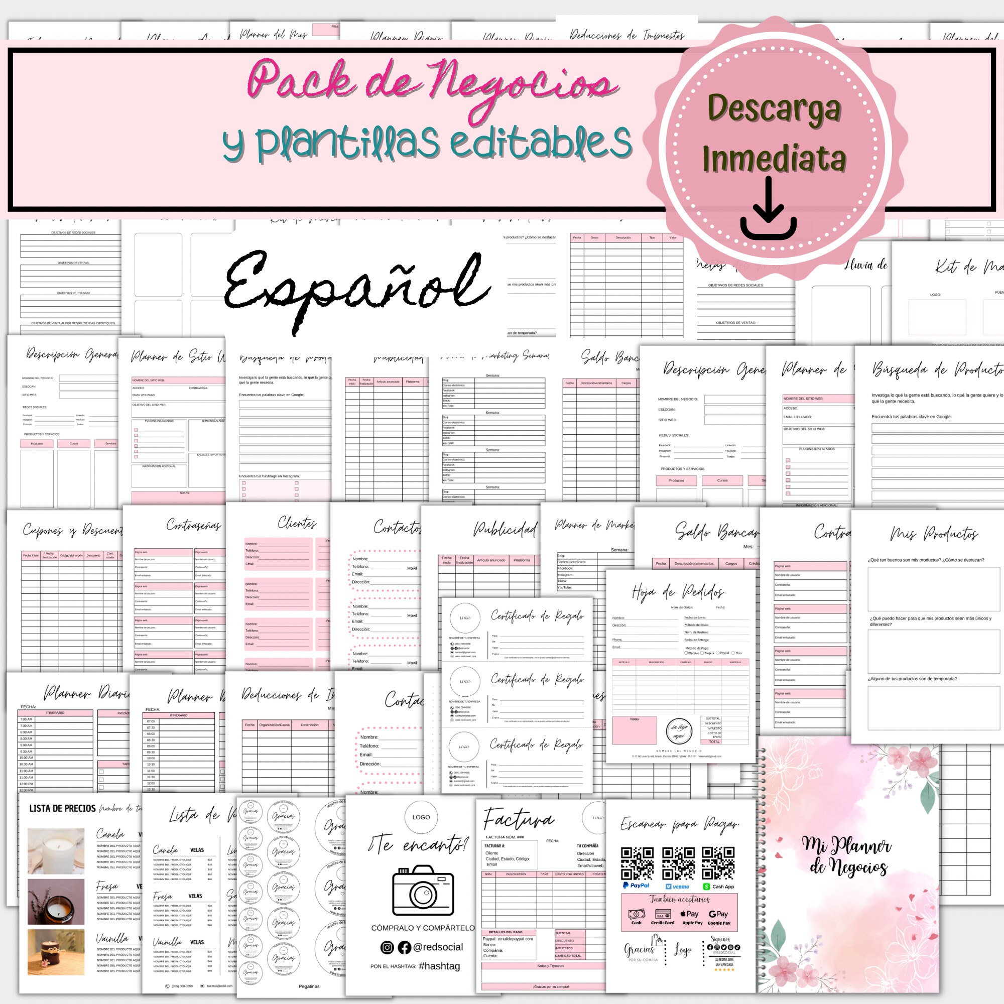 Spanish Business Pack, Planner, Editable Templates in Canva, Invoices, Order Form, Scan to Pay, Price List
