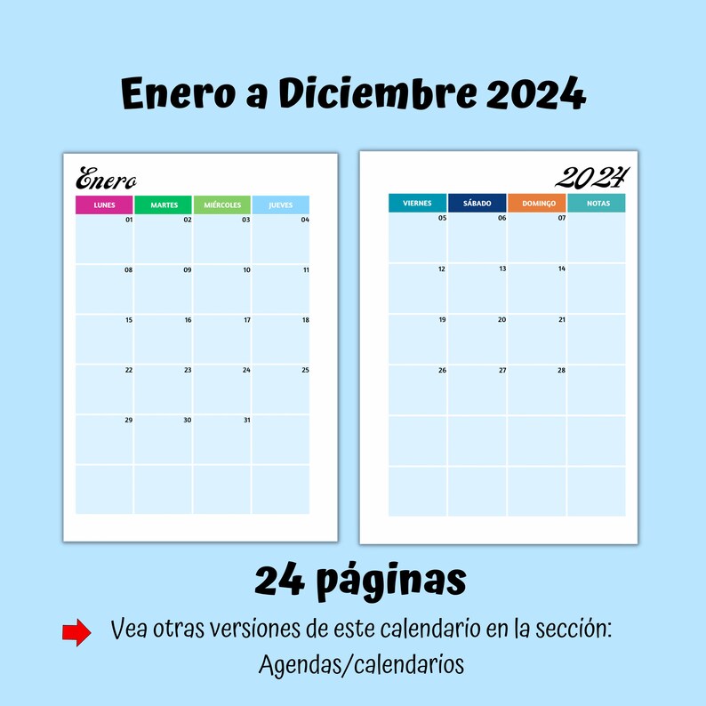 Colorful Spanish Calendar 2024, Printable Monthly Planner 2024, Blue