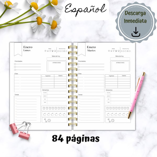 Planner Diario sin Fecha en Español, Planner Diario Minimalista Imprimible, Páginas de Inserción de Agenda Pdf, A4 A5