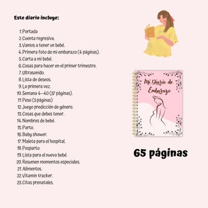 K&ouml;nnte beinhalten: Ein rosa-wei&szlig;es Schwangerschaftsjournal mit goldener Spiralbindung. Der Umschlag zeigt eine stilisierte Illustration einer schwangeren Frau und den Text "Mi Diario de Embarazo". Das Journal hat 65 Seiten.