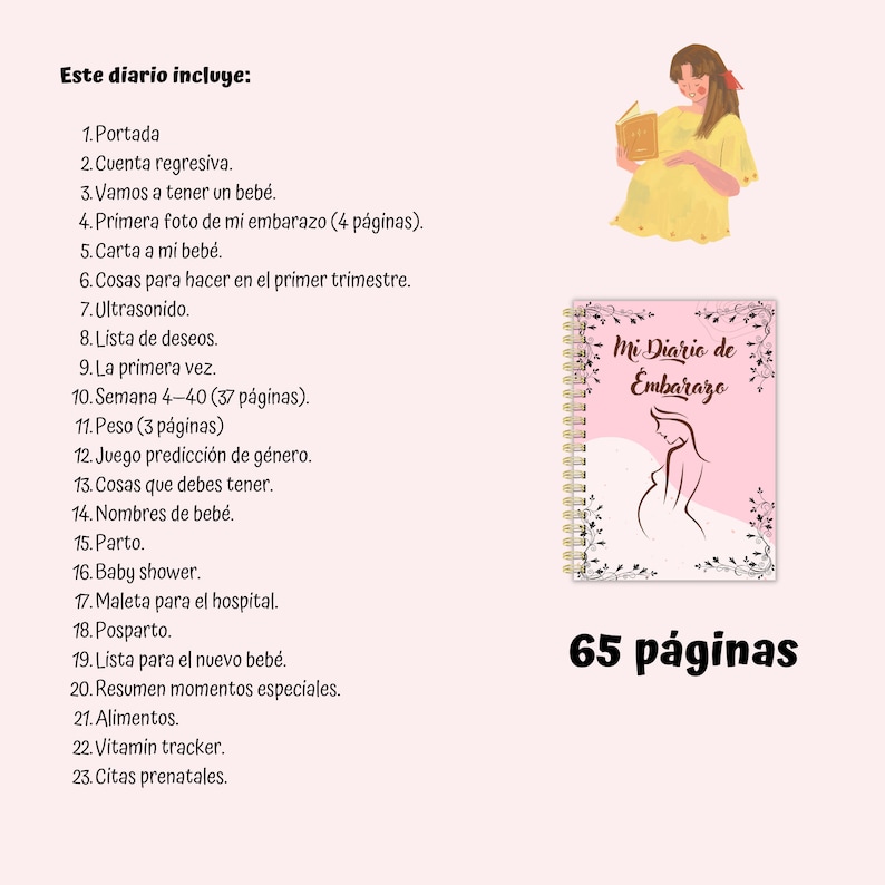 K&ouml;nnte beinhalten: Ein rosa-wei&szlig;es Schwangerschaftsjournal mit goldener Spiralbindung. Der Umschlag zeigt eine stilisierte Illustration einer schwangeren Frau und den Text "Mi Diario de Embarazo". Das Journal hat 65 Seiten.