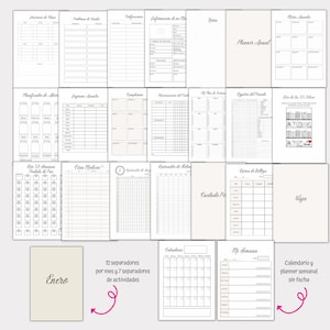 May include: A printable planner with a variety of pages for organizing different aspects of life, including finances, goals, health, and more. The pages are black and white with a simple design. The planner includes 12 monthly dividers and 7 activity dividers.