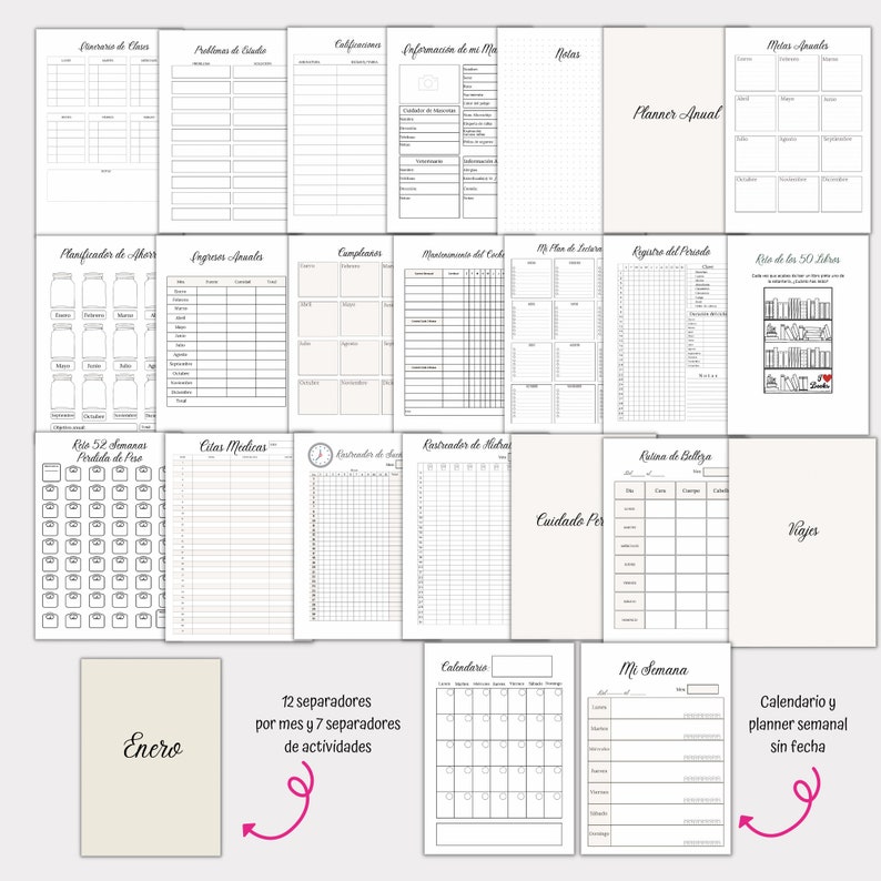 May include: A printable planner with a variety of pages for organizing different aspects of life, including finances, goals, health, and more. The pages are black and white with a simple design. The planner includes 12 monthly dividers and 7 activity dividers.