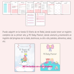 K&ouml;nnte beinhalten: Zwei Baby-Planer, einer mit dem Titel "El Diario de mi Beb&eacute;" mit einem Cartoon-Baby in einem Kinderwagen auf einer Wolke und der andere mit dem Titel "Mi Baby Planner" mit einer Cartoon-Illustration von zwei Babys, die mit einem Ball und Bausteinen spielen. Der Text "NO incluidos en este planner" befindet sich am unteren Rand des Bildes.