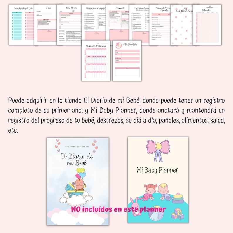 K&ouml;nnte beinhalten: Zwei Baby-Planer, einer mit dem Titel "El Diario de mi Beb&eacute;" mit einem Cartoon-Baby in einem Kinderwagen auf einer Wolke und der andere mit dem Titel "Mi Baby Planner" mit einer Cartoon-Illustration von zwei Babys, die mit einem Ball und Bausteinen spielen. Der Text "NO incluidos en este planner" befindet sich am unteren Rand des Bildes.