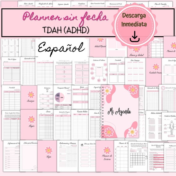 Planificador TDAH Imprimible en Español, Planificador de Vida Imprimible, Planificador de Productividad Personal, Rosa