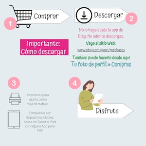 May include: An infographic with instructions on how to download a purchase from Etsy. The image includes a shopping cart, a download icon, a printer, a tablet, and a person holding a paper. Text includes "Comprar", "Descargar", and "Disfrute".