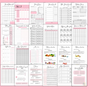 Puede incluir: Un diario de fitness imprimible con secciones para hacer un seguimiento de los objetivos de fitness, los planes de comidas y el progreso. El diario tiene un esquema de color rosa y blanco con una fuente de escritura a mano.