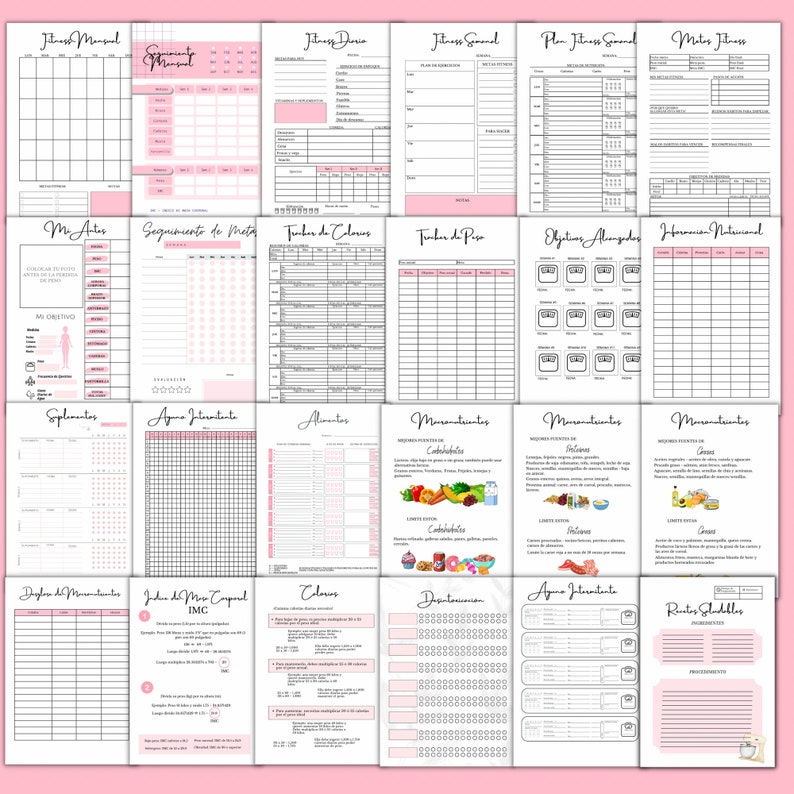 Puede incluir: Un diario de fitness imprimible con secciones para hacer un seguimiento de los objetivos de fitness, los planes de comidas y el progreso. El diario tiene un esquema de color rosa y blanco con una fuente de escritura a mano.