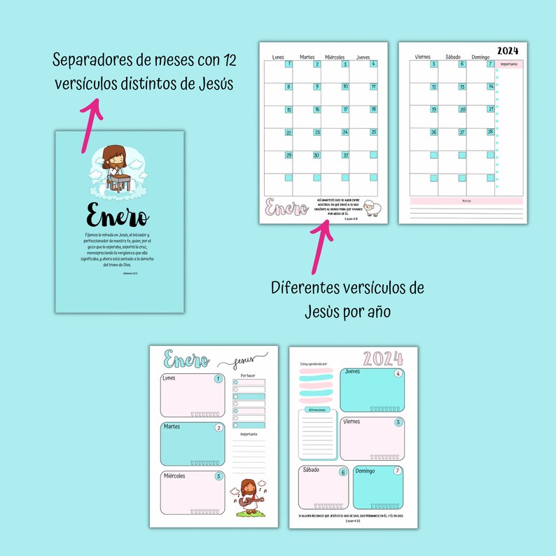 Christian Agenda 2024 in Spanish, Kawaii Jesus Agenda 2024 in Spanish