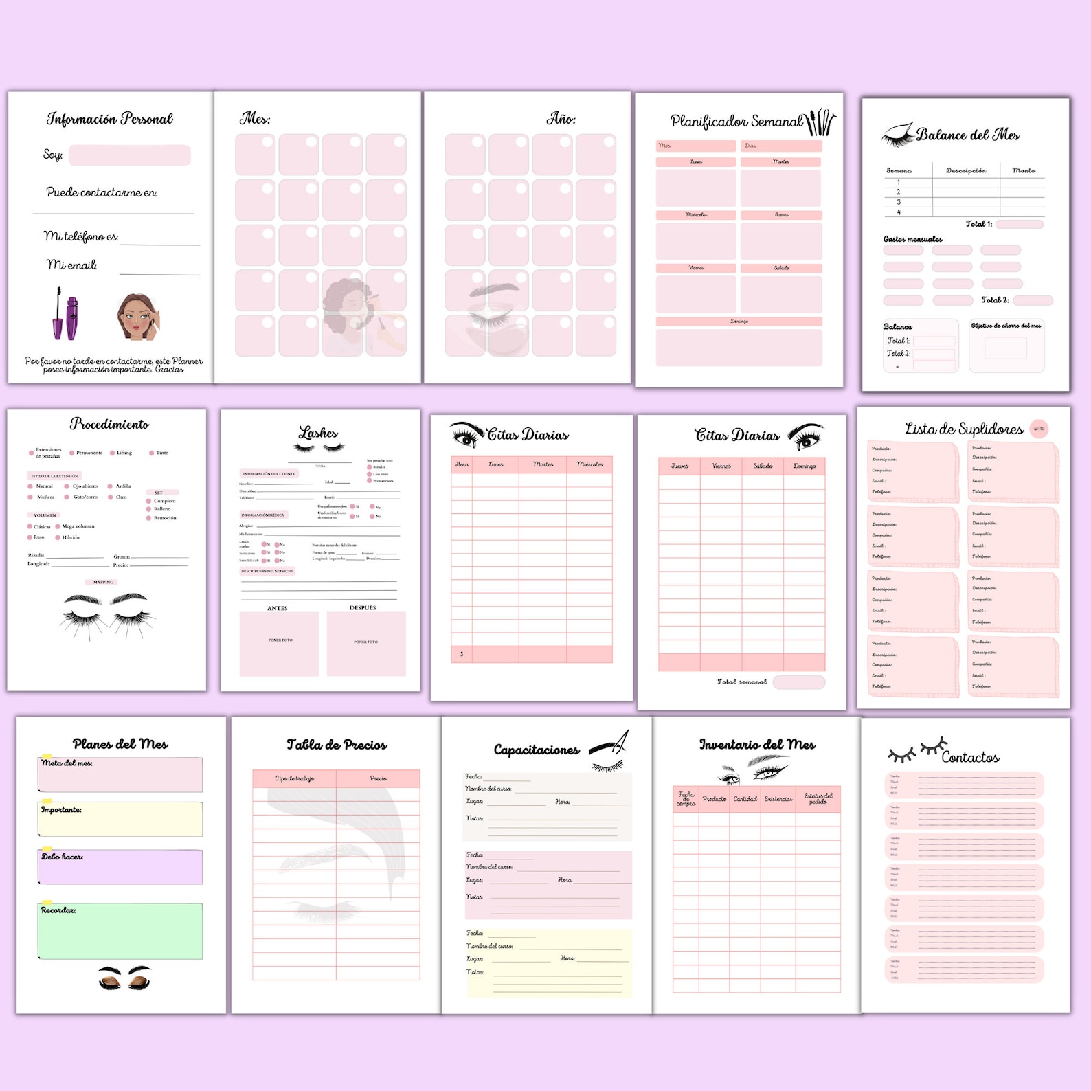 Eyelash Planner in Spanish, Printable Lashista Agenda in Spanish, PDF ...