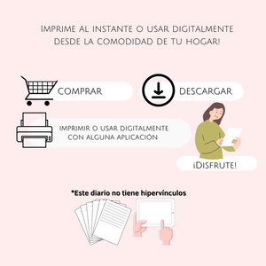 May include: A pink background with a white shopping cart, a printer, a hand holding a tablet, and a person holding a piece of paper. The text on the image reads "IMPRIME AL INSTANTE O USAR DIGITALMENTE DESDE LA COMODIDAD DE TU HOGAR!" "COMPRAR" "DESCARGAR" "IMPRIMIR O USAR DIGITALMENTE CON ALGUNA APLICACI&Oacute;N" "&iexcl;DISFRUTE!" "*Este diario no tiene hiperv&iacute;nculos"