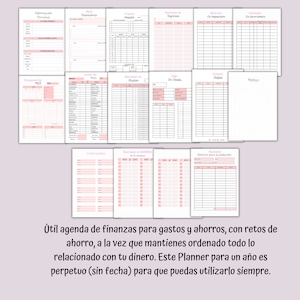 May include: A pink and white financial planner with various sections for tracking expenses, savings, and goals. The planner includes pages for personal information, financial goals, and debt payments. The text at the bottom reads: "Useful finance agenda for expenses and savings."