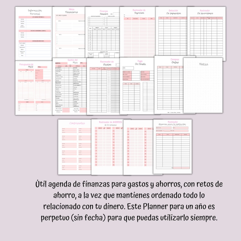 May include: A pink and white financial planner with various sections for tracking expenses, savings, and goals. The planner includes pages for personal information, financial goals, and debt payments. The text at the bottom reads: "Useful finance agenda for expenses and savings."