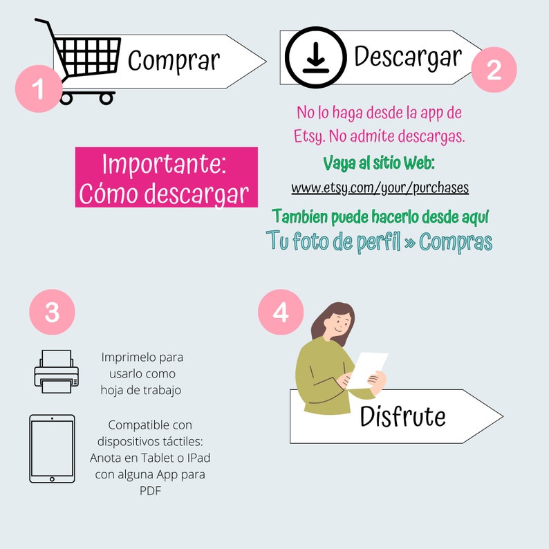May include: A step-by-step guide on how to download a digital purchase from Etsy. The guide includes instructions on how to download the purchase from a computer or mobile device. It also includes a reminder that Etsy does not allow downloads from the app.