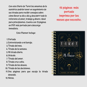 May include: A black and gold tarot journal with the words "Tarot Mi Diario" and "Wheel of Fortune" on the cover. The journal has a gold spiral binding and 15 pages plus a cover.