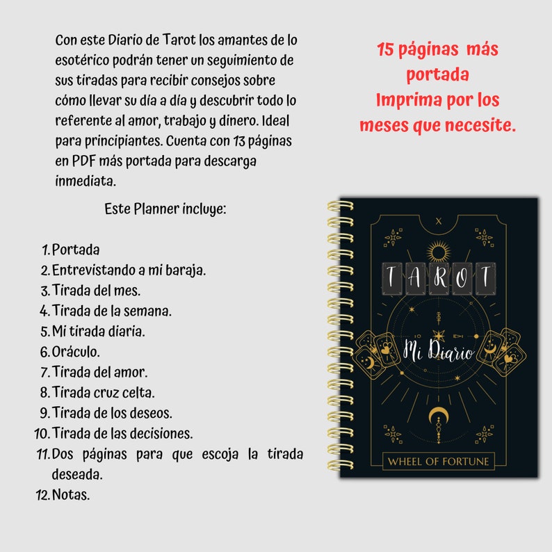 May include: A black and gold tarot journal with the words "Tarot Mi Diario" and "Wheel of Fortune" on the cover. The journal has a gold spiral binding and 15 pages plus a cover.