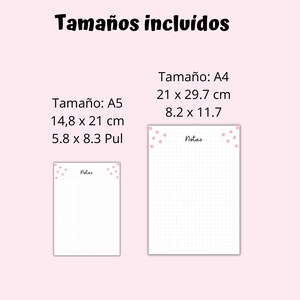 May include: Two printable planner pages with dotted grid lines and the word "Notas" (Spanish for "Notes") at the top. The pages are in A4 and A5 sizes, with measurements in centimeters and inches.