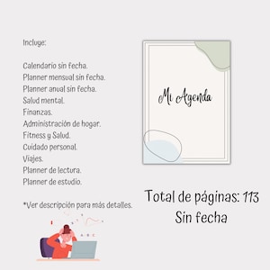 May include: A printable planner with a light blue and green abstract design. The planner includes sections for calendar, monthly and yearly planning, finances, home management, fitness, personal care, travel, reading, and studying. The text "Mi Agenda" is written in black cursive on the cover. The text "Total de p&aacute;ginas: 113" and "Sin fecha" is written in black below the cover.